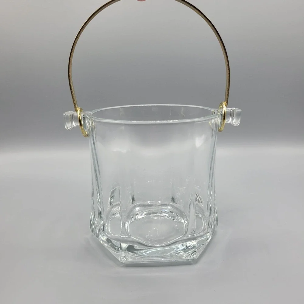 Vintage Shiah Yih Heavy Clear Glass Ice Bucket Gold Tone Tongs and Handle Taiwan